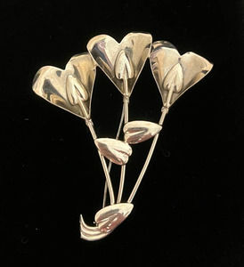 VTG Large Sterling Silver Brooch Bouquet of Flowers Lilies Lily Stem Leaves 3"